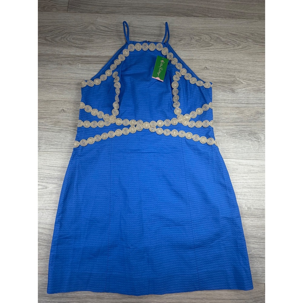 Lilly Pulitzer Pearl Shift Dress Bennet Blue Gold Soutache Halter 28998 Size 16 - Picture 2 of 9